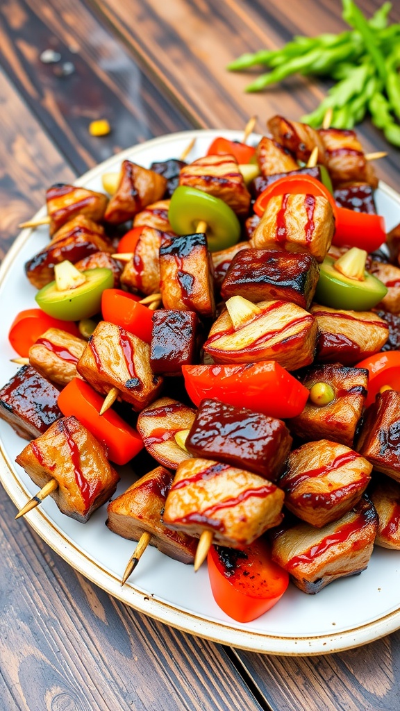Grilled honey garlic pork kabobs with colorful vegetables on a wooden platter, ready to be served.
